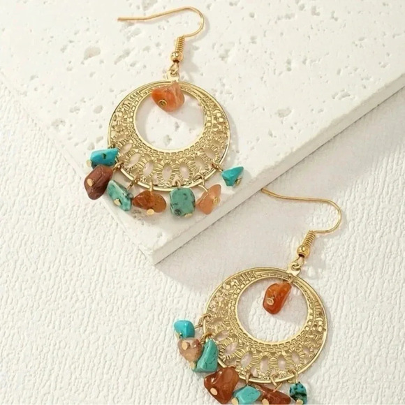 Gold Beaded Stone Turquoise Hoop Earrings - Picture 2 of 4